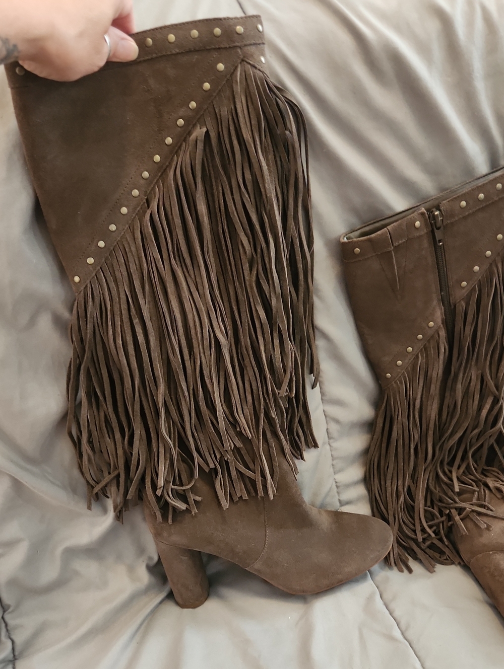 INC International Concepts Brown Suede Fringe Heeled Boots